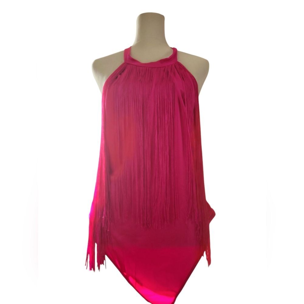 Hot Pink Fringe Trim Halter Neck Sleeveless Solid Bodysuit SIZE XL Plus